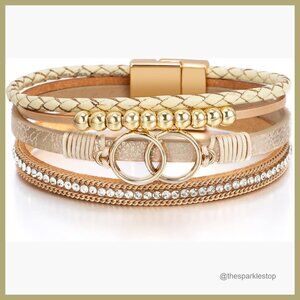 Leopard Leather Wrap Bracelet with Pearl Crystal Multi-Layer Boho Design